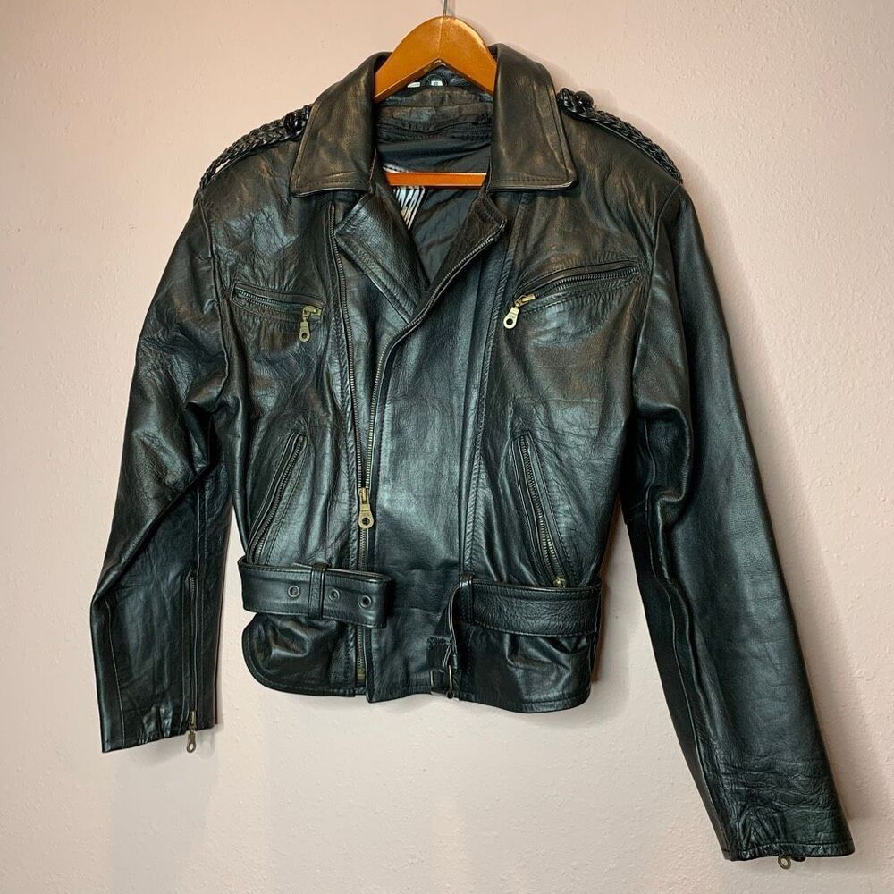 Wild Rider vintage thick leather biker jacket wait belt braided details